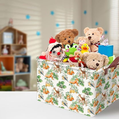Woodland Animal Storage Basket Home Forest Decor Waterproof Canvas Toy Storage Bin Collapsible Outdoor Basket with Leather Handles Woodland Decor Blanket Baskets For Closets,Bedrooms,Gifts Baskets