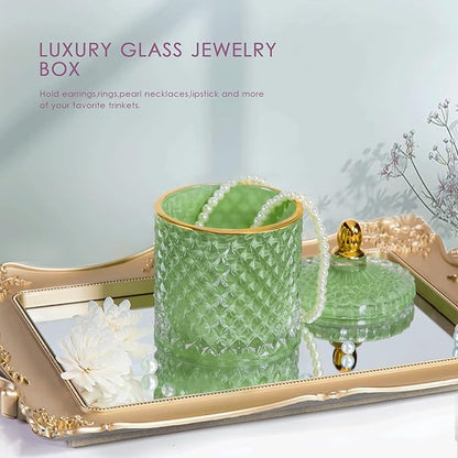ALAMHI Candy Dish with Lid Glass Decorative Box, Vintage Jewelry Box, Small Candy Jar with Lid Crystal Apothecary Decor Box, Birthday Gifts For Friends Female (Green)