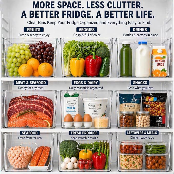 MOONEDGE Open Clear Plastic Storage Bins Stackable Organizer Containers with Handles for Kitchen, Pantry, Fridge, Cabinet, Closet Storage & Home Organization 6 Pack（11 x 8 x 6 in）