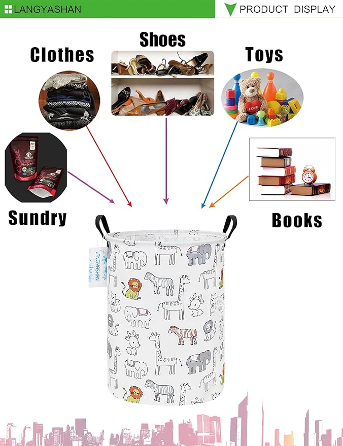 Laundry Basket Canvas Fabric Collapsible Organizer Basket for Storage Bin Toy Bins Gift Baskets Bedroom Clothes Children Nursery Hamper (Animals)