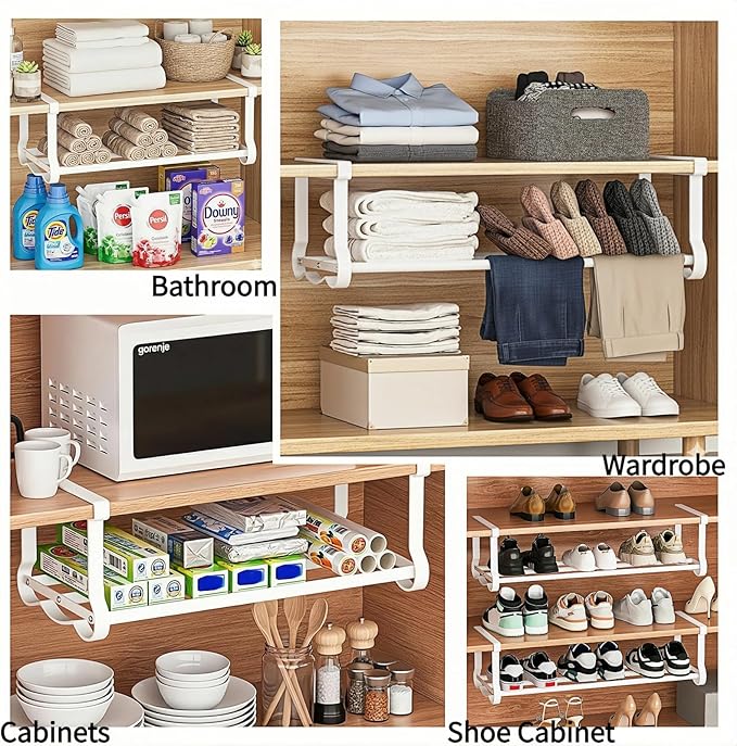 Expandable Hanging Shoe Rack for Closet, 2 Pack Retractable Metal Under Shelf Rack, Adjustable Under Cabinet Storage Shelf & Partition Organizer for Wardrobe, Kitchen, White