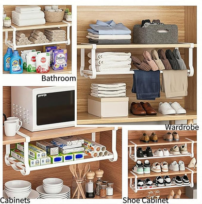 Expandable Hanging Shoe Rack for Closet, 2 Pack Retractable Metal Under Shelf Rack, Adjustable Under Cabinet Storage Shelf & Partition Organizer for Wardrobe, Kitchen, White