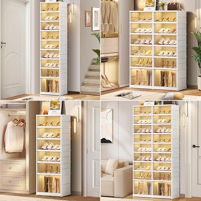 CIMLORD 9-Tier Foldable Shoe Rack Organizer for Closet,36Pairs Collapsible Plastic Shoe Shelf,Large Shoes Cabinet with Door,Clear Stackable Storage Box Easy Assembly