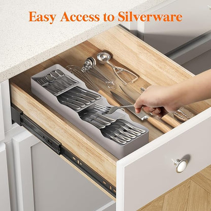 Lifewit Small Flatware Drawer Organizer, Compact Narrow Silverware Tray for Kitchen Drawers, Plastic Cutlery Holder for Spoons, Forks, Knives – Fits Small & Slim Kitchen Drawers, Gray