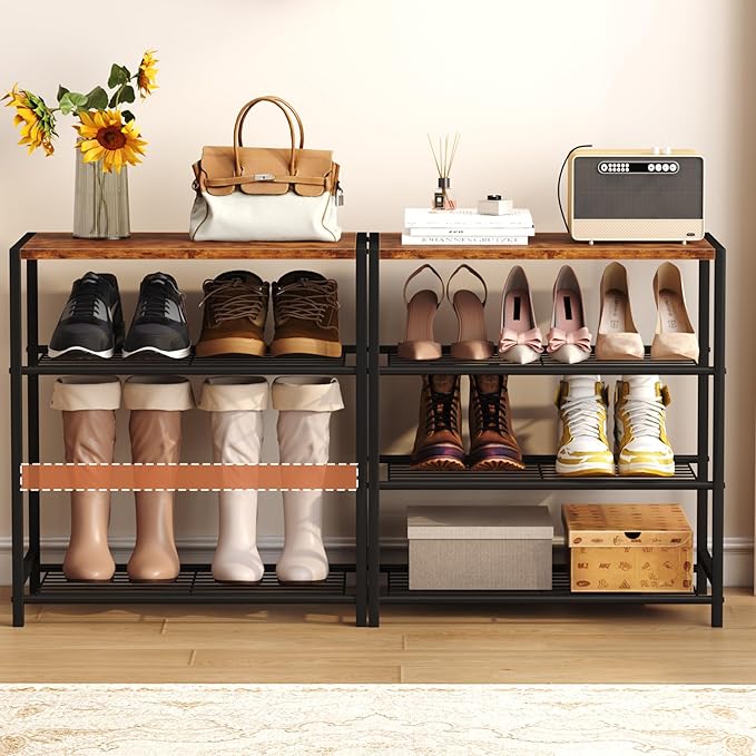 HOMEFORT 4-Tier Shoe Rack Organizer, Shoe Tower for Closet, Shoe Storage Shelf with MDF Top Board, Each Tier Fits 3 Pairs of Shoes, Entryway Shoes Organizer with Sturdy Metal Shelves, Rustic Brown