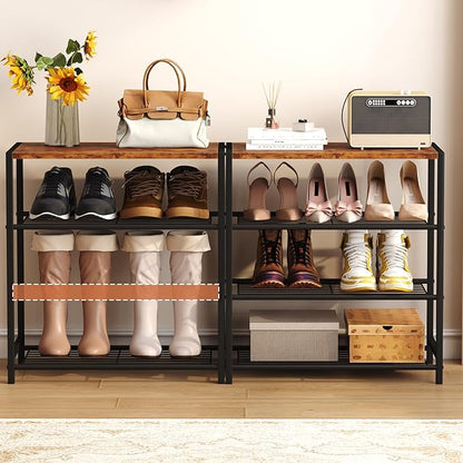 HOMEFORT 4-Tier Shoe Rack Organizer, Shoe Tower for Closet, Shoe Storage Shelf with MDF Top Board, Each Tier Fits 3 Pairs of Shoes, Entryway Shoes Organizer with Sturdy Metal Shelves, Rustic Brown