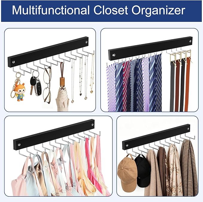 2 Pack Belt Hanger Wall Mount, Large Capacity Tie and Belt Organizer for Wall with 24 180°Rotating Non Slip Hooks, Heavy-Duty Wooden Tie Rack Space Saving Closet Organizers and Storage, Black