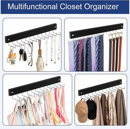 2 Pack Belt Hanger Wall Mount, Large Capacity Tie and Belt Organizer for Wall with 24 180°Rotating Non Slip Hooks, Heavy-Duty Wooden Tie Rack Space Saving Closet Organizers and Storage, Black