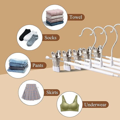 Pants Hangers with Clips 10 Pack Adjustable Skirt Hangers for Women Non-Slip Trousers Hanger for Jeans Clothes Hangers for Pants Heavy Duty Space Saving Shorts Hangers,White,12Inch