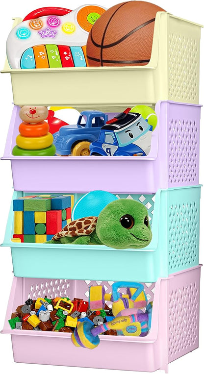 TidyFriend 4 Pk Large Stackable Storage Bins Open Front for Pantry Organizers and Storage, Pantry Storage for Food, Kitchen and Home Organization, Plastic Storage Bins, Dorm Room Essentials (Multi)