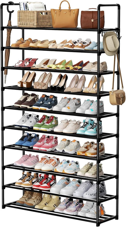 Shoe Rack, 10 Tier Shoe Storage Organizer with Hooks,Fit 40-45 Pairs Shoes,Metal Tall Shoe Shelf for Closet Entryway, Space Saving Tower for Living Room Hallway