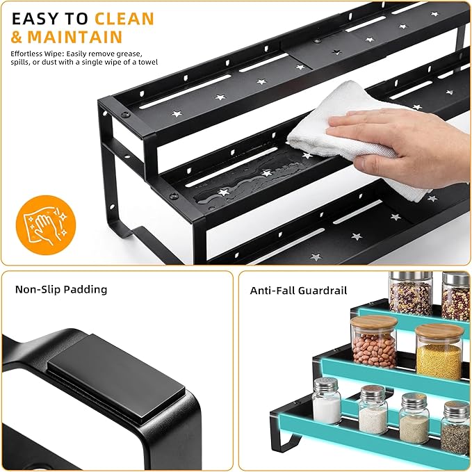 3-Tier Spice Rack Organizer, 13"-21.5" Expandable Spice Organization Shelf, Metal Seasoning Organizer for Kitchen Countertop or Pantry, Slip-Resistant Design for Jars and Bottles, Black