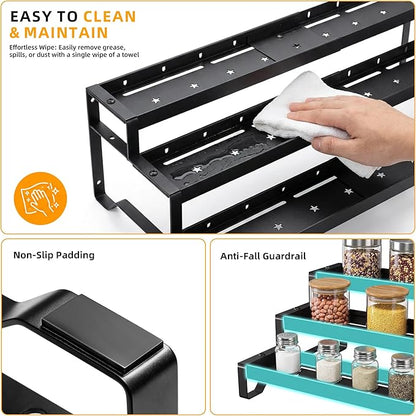 3-Tier Spice Rack Organizer, 13"-21.5" Expandable Spice Organization Shelf, Metal Seasoning Organizer for Kitchen Countertop or Pantry, Slip-Resistant Design for Jars and Bottles, Black