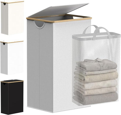 efluky Laundry Basket with Lid and Removable Bag, 100L Tall Laundry Hamper with Bamboo Handles, Aesthetic Dirty Clothes Bin for Laundry Room, Bathroom, Bedroom and Dorm, Light Grey
