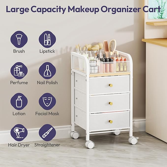 SWTYMIKI Rolling Makeup Organizer Cart - Under Desk Vanity Makeup Storage with 3 Non-woven Drawers, Nail Cart Organizer Cosmetic Display Cases Cabinet for Skin Care Perfume Nail Polish Brush Hair Tool