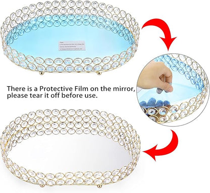 Hipiwe Crystal Vanity Tray Mirrored Dresser Perfume Trays for Makeup Tray Cosmetic Skin Care Storage, Jewelry Trinket Organizer Tray for Bathroom Countertop Home Decor (Large, Gold)