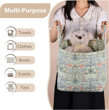 Storage Basket Boho Fabric Large Collapsible Floral Laundry Nursery Hamper Portable Folding Storage for Clothes Toys (Light Green A)
