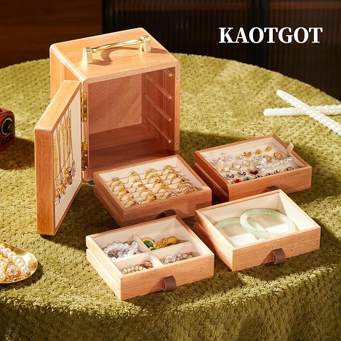 Wooden Jewelry Box for Women Walnut Wooden Jewelry Box with handle 4-Tier Jewelry Organizer for Rings, Necklaces