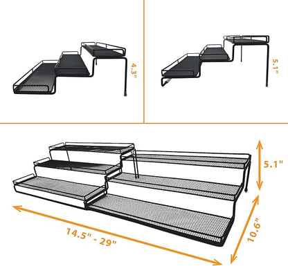 3 Tier Wide Expandable Cabinet Spice Rack Organizer (14.5" to 29.1") - Step Shelf with Protection Railing, Black