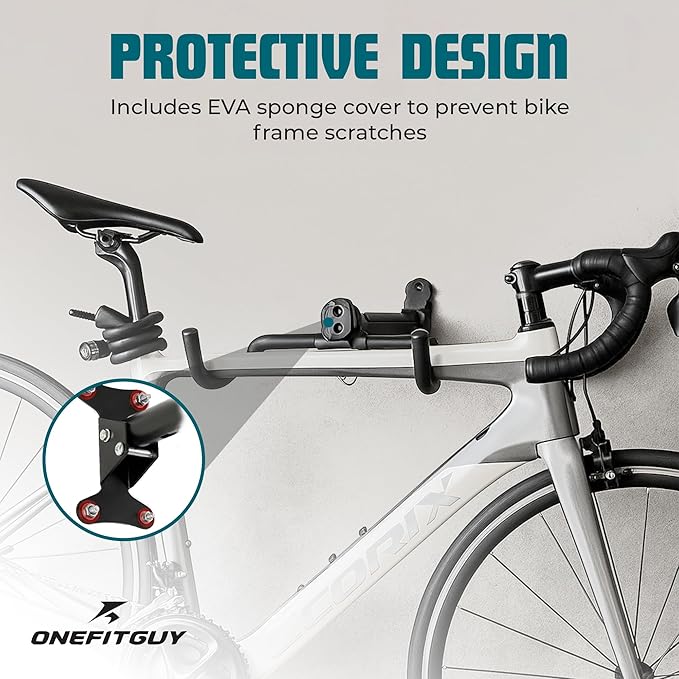 Foldable Bike Wall Mount 1-Pack, Space Saving Horizontal Bike Rack with Adjustable Hanger and EVA Covers, Includes Screws for Garage, Indoor, or Shed