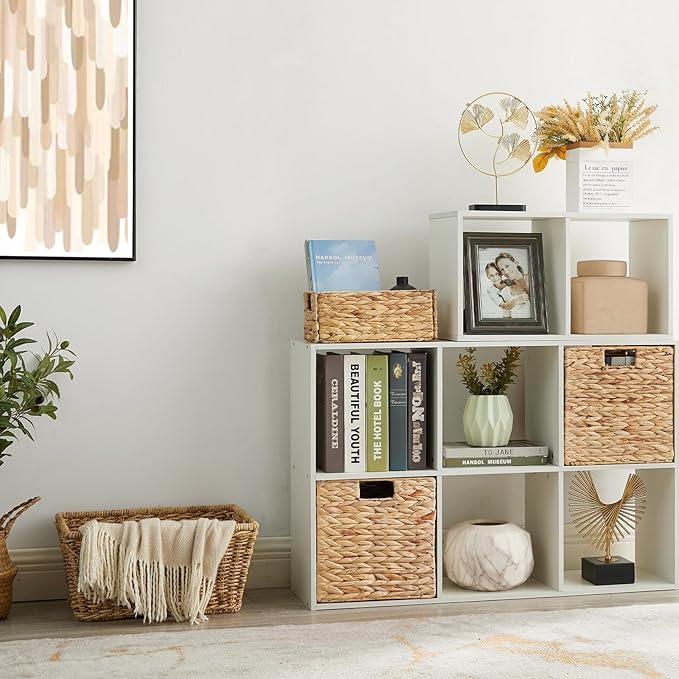 Vagusicc Wicker Storage Basket, Set of 2 Water Hyacinth Storage Baskets for Organizing, 11x11x11 Storage Cube Bins, Wicker Storage Cubes, Natural Foldable Square Baskets for Shelf Laundry Organizer