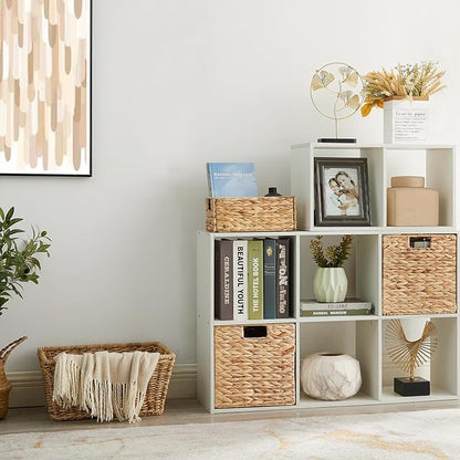Vagusicc Storage Basket, Set of 2 Hand-woven Water Hyacinth Storage Baskets, Foldable Wicker Storage Basket 9 Inch Cube Storage Bins for Shelves Organizer Square Shelf Baskets, 9''x9''x9''