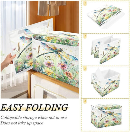 senya Baskets Collapsible Storage Bins with Lids, Dragonfly Wildflowers Painting Storage Boxes Clothes Baskets for Organizing