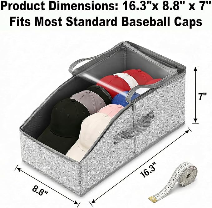2PCS Hat Storage for Baseball Caps - Stackable Hat Organizer for Closet, Holds up to 30 Caps with Clear Window, Space-Saving Hat Box for Home Storage, Breathable Fabric, Grey