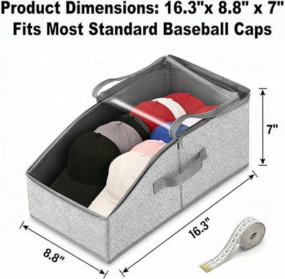 2PCS Hat Storage for Baseball Caps - Stackable Hat Organizer for Closet, Holds up to 30 Caps with Clear Window, Space-Saving Hat Box for Home Storage, Breathable Fabric, Grey