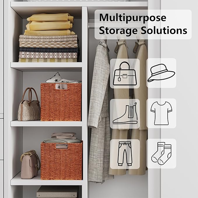 Vagusicc Wicker Storage Basket, Set of 2 Hand-Woven Paper Rope Wicker Basket, Foldable Cube Storage Bins, Square Large Storage Baskets for Organizing Shelves & Decor, Orange (13″×13″×13″)