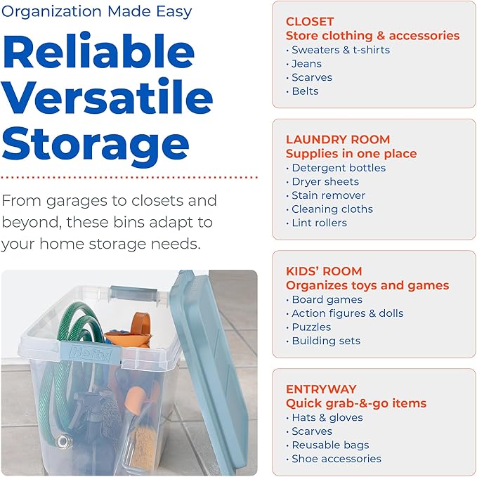 Hefty HI-RISE 32 Qt Stackable Storage Bins with Lids – 6 Pack Clear Plastic Under Bed Storage Containers, Shoe Organizer Boxes with XL Lid-Locking Latches, Comfort-Grip Handles, Durable Double Rim