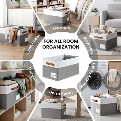 Criusia Large Closet Storage Baskets for organizing 4 Pack, Non-Dust-Absorbing Closet Shelf Organizer Bins with Handles & Labels - Decorative Collapsible Baskets for Living Room Bedroom Nursery Dorm
