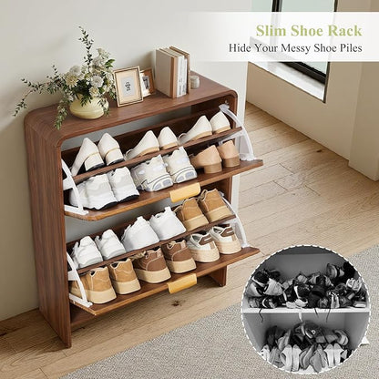RARZOE Fluted Shoe Cabinet with 2 Flip Drawers, Narrow Curved Shoe Storage Cabinet for Entryway, Freestanding Wood Hidden Shoe Organizer Closed Shoe Rack Cabinet for Foyer, Hallway (29.5''Walnut)