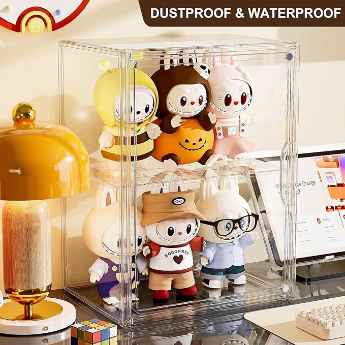 Acrylic Clear Display Case, Stackable Plastic Storage Bins with Shelf, Figure Figurine Hobby Display Case with Magnetic Lid, Large Acrylic Display Box for Collectibles, Figures, 2 Pack