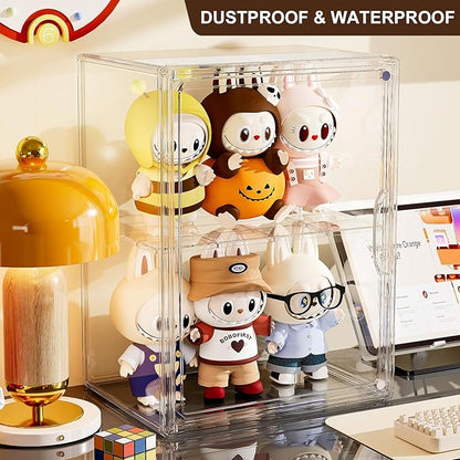 Acrylic Clear Display Case, Stackable Plastic Storage Bins with Shelf, Figure Figurine Hobby Display Case with Magnetic Lid, Large Acrylic Display Box for Collectibles, Figures, 2 Pack