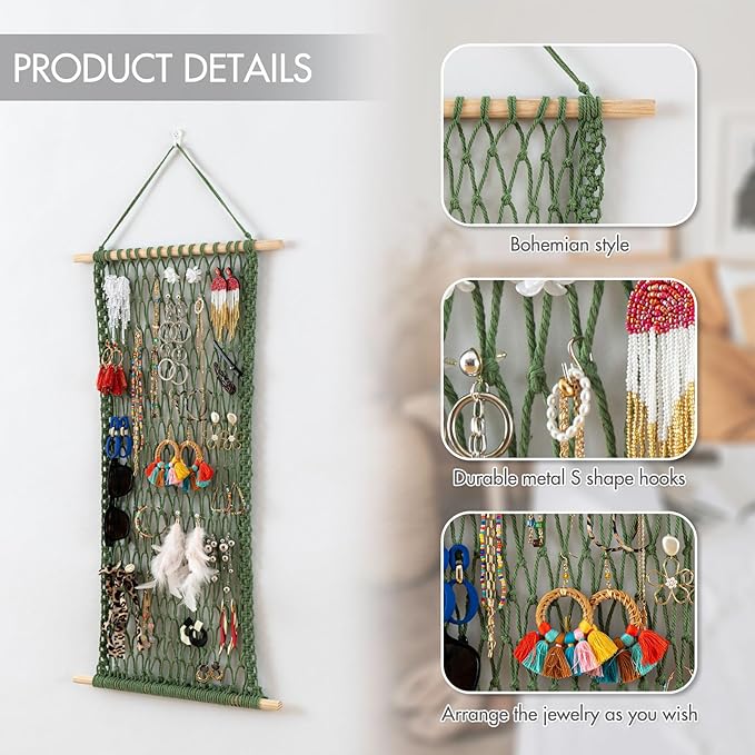 Pretty Jolly Hanging Jewelry Mesh Organizer Macrame Wall Mounted Necklaces Storage Earring Display Rack Girls Hair Clips Hanger with 20 Pieces S Shape Hooks for Bracelets,Necklace and Rings(Green)