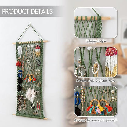Pretty Jolly Hanging Jewelry Mesh Organizer Macrame Wall Mounted Necklaces Storage Earring Display Rack Girls Hair Clips Hanger with 20 Pieces S Shape Hooks for Bracelets,Necklace and Rings(Green)