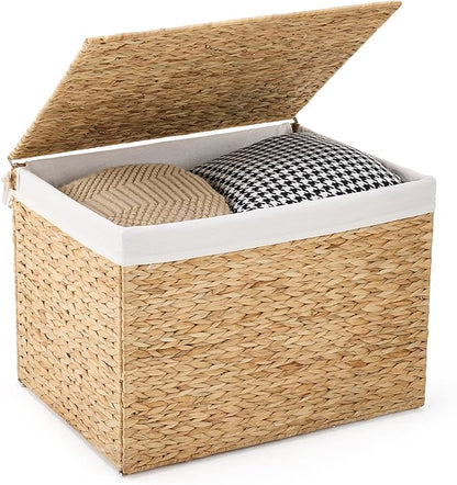 Water Hyacinth Storage Basket with Lid, 46.2 Gallon (175L) Wicker Shelf Basket with Removable Liner, Wicker Storage Basket for Blanket, for Livingroom, Bedroom, Natural