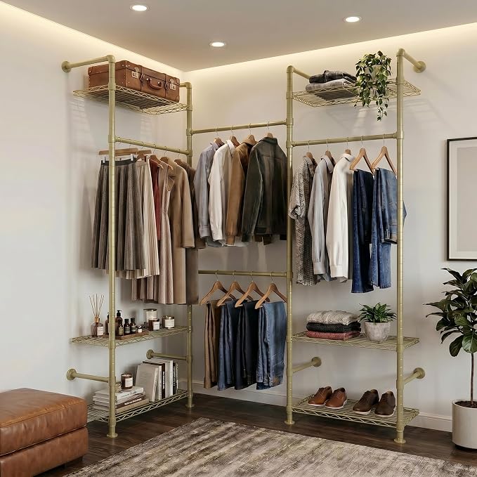 Wall Mounted Closet System – Adjustable Clothing Rack with 4 Expandable Rods & 6 Shelves, Heavy Duty Industrial Pipe Clothes Rack for Closet Organizer and Storage, Gold