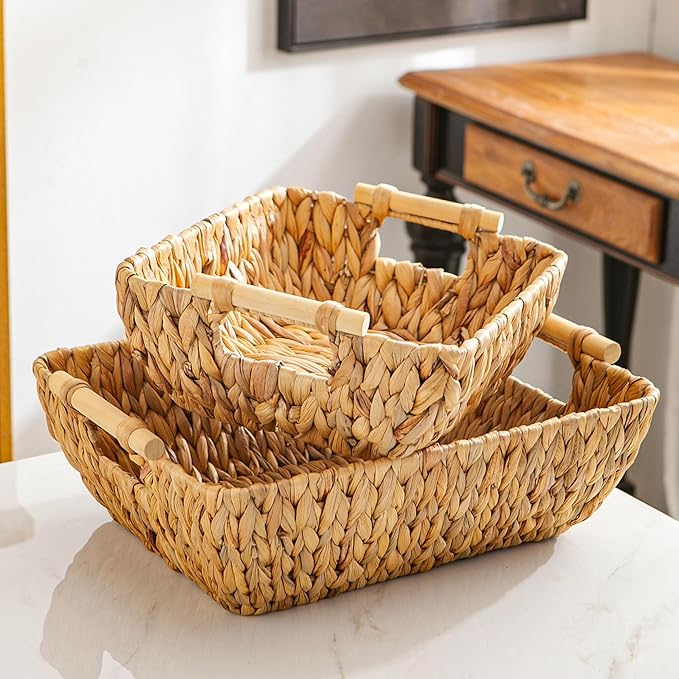 Mowtanco Woven Storage Baskets – Set of 2 Handwoven Water Hyacinth Wicker Baskets with Wooden Handles for Organizing, Decorative Baskets for Laundry Room, Home Decor - Large & Medium