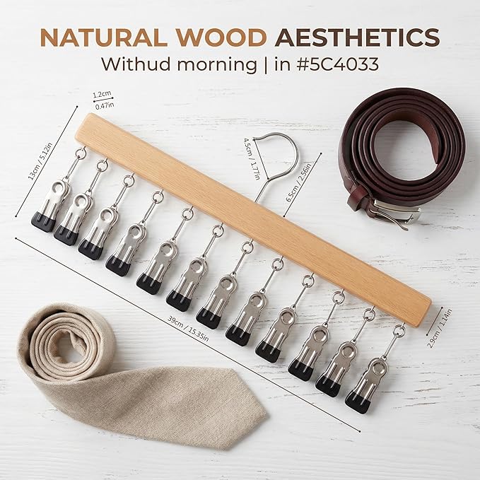 Closet Organizer with 12 Clips, 2 Pack Closet Space Savers for Hanging Clothes, Wooden Pants and Leggings Hangers with 360° Rotating Hook, Space-Saving Hat Scarf Clothespins, Walnut Wood Color