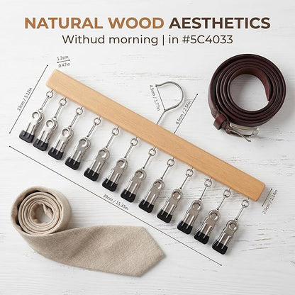 Closet Organizer with 12 Clips, 2 Pack Closet Space Savers for Hanging Clothes, Wooden Pants and Leggings Hangers with 360° Rotating Hook, Space-Saving Hat Scarf Clothespins, Walnut Wood Color