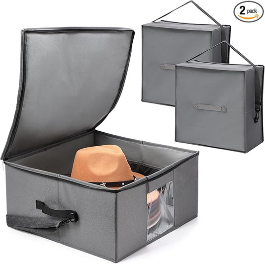 Wonderjune 2 Pcs Hat Storage Box Upgrade Stackable Organizer with Lids Cowboy Hat Box Large Square Bag Foldable Closet Sheet Organizer Travel Container for Men Women(Grey)