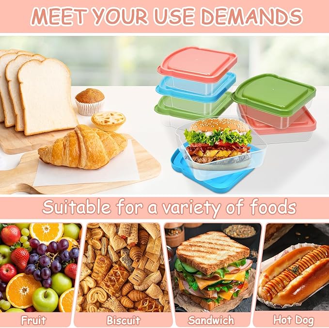 6 Pack Sandwich Containers, Colored Sandwich Boxes for Lunch, Reusable and Easy to Open Fun Sandwich Container (in 3 Colors)