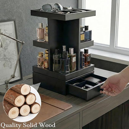 4-Tier Rotating Cologne Organizer with Drawer for Men, Large Capacity Perfume Organizer, Mens Gifts & Desktop Accessories Stand - Spacious for Bottles & Men's Essentials Storage, Modern Black