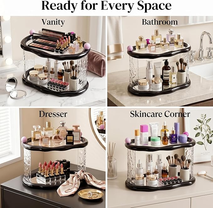 Skincare Makeup Organizer for Vanity and Bathroom Countertop-2 Tier Makeup Jewelry Storage,Transparent Clear Cloud Cosmetics Organizer, Ideal for Cosmetic Perfume Skincare for Countertop,Desk,Bathroom,Dresser-Black
