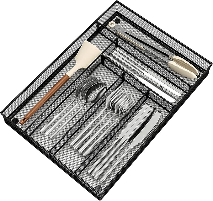Sedegn Silverware Organizer Metal Mesh, Large Drawer Organizer, Utensil Cutlery Tray for kitchen drawers, Flatware Organizer with 6 Compartment, Black (11.3”*16“)