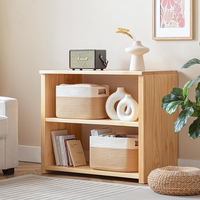 UBBCARE 4 Pack Storage Baskets for Organizing, Shelf Baskets with Handles, Woven Storage Baskets for Bookcase/Cube Shelf/Closet, 14.5"L x 9.8"W x 9"H, White&Brown