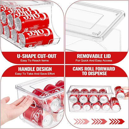 SCAVATA Stackable Refrigerator Organizer, Soda Can Dispenser Pop Cans Container Beverage Holder with Lid for Fridge, Freezer, Kitchen, Clear Plastic Storage Bins-Holds 10 Cans Each (One)