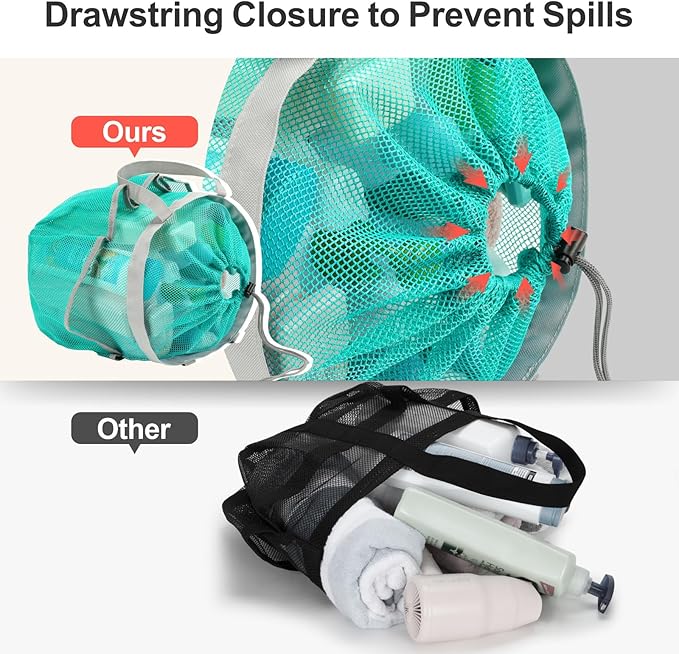 F-color Mesh Shower Caddy Portable with Drawstring - Large 8 Pockets Dorm Room Essentials for Guys Girls with S Hook, Shower Bag Basket Tote for College Camping Gym Travel Bathroom, 2 Pack Mint Green